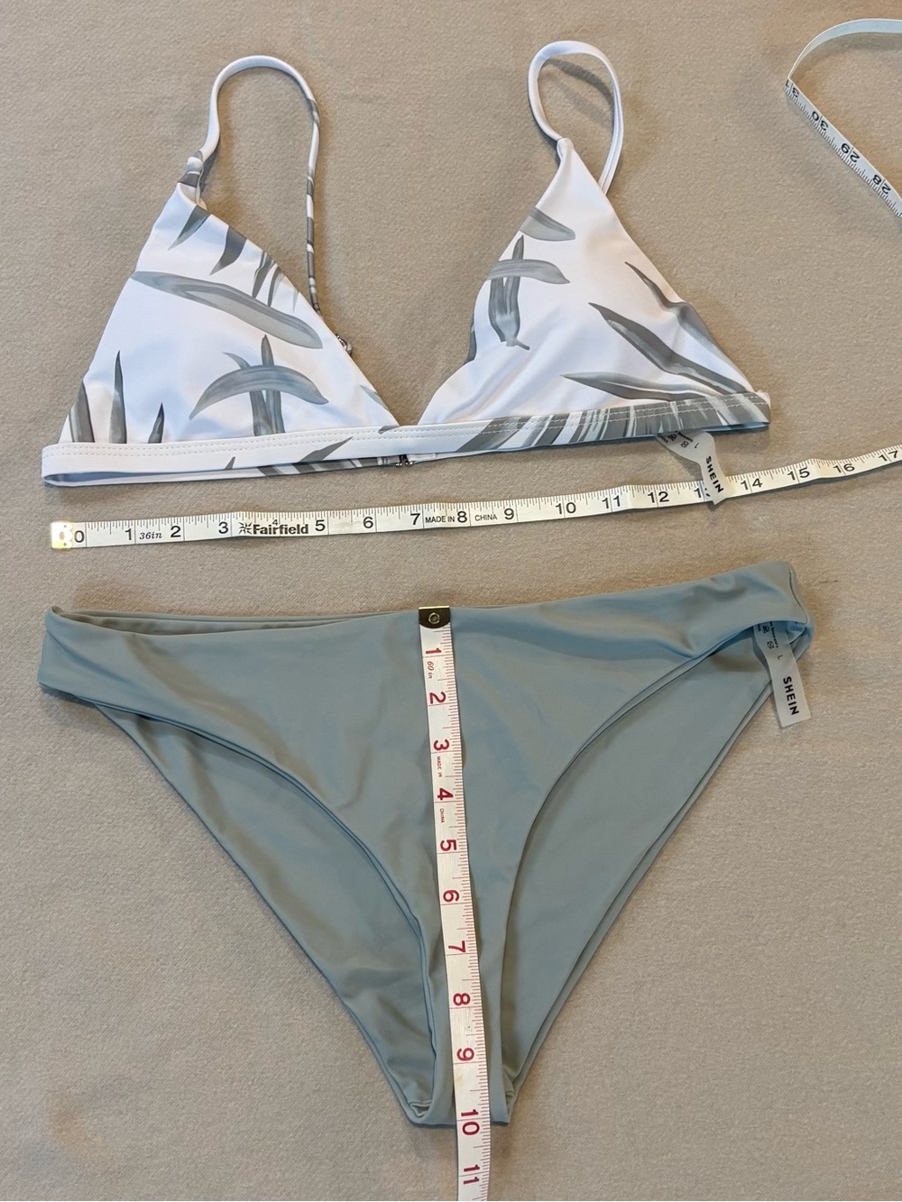 SHEIN White Leaf Print Triangle Bikini Top with Sage Green Bottoms